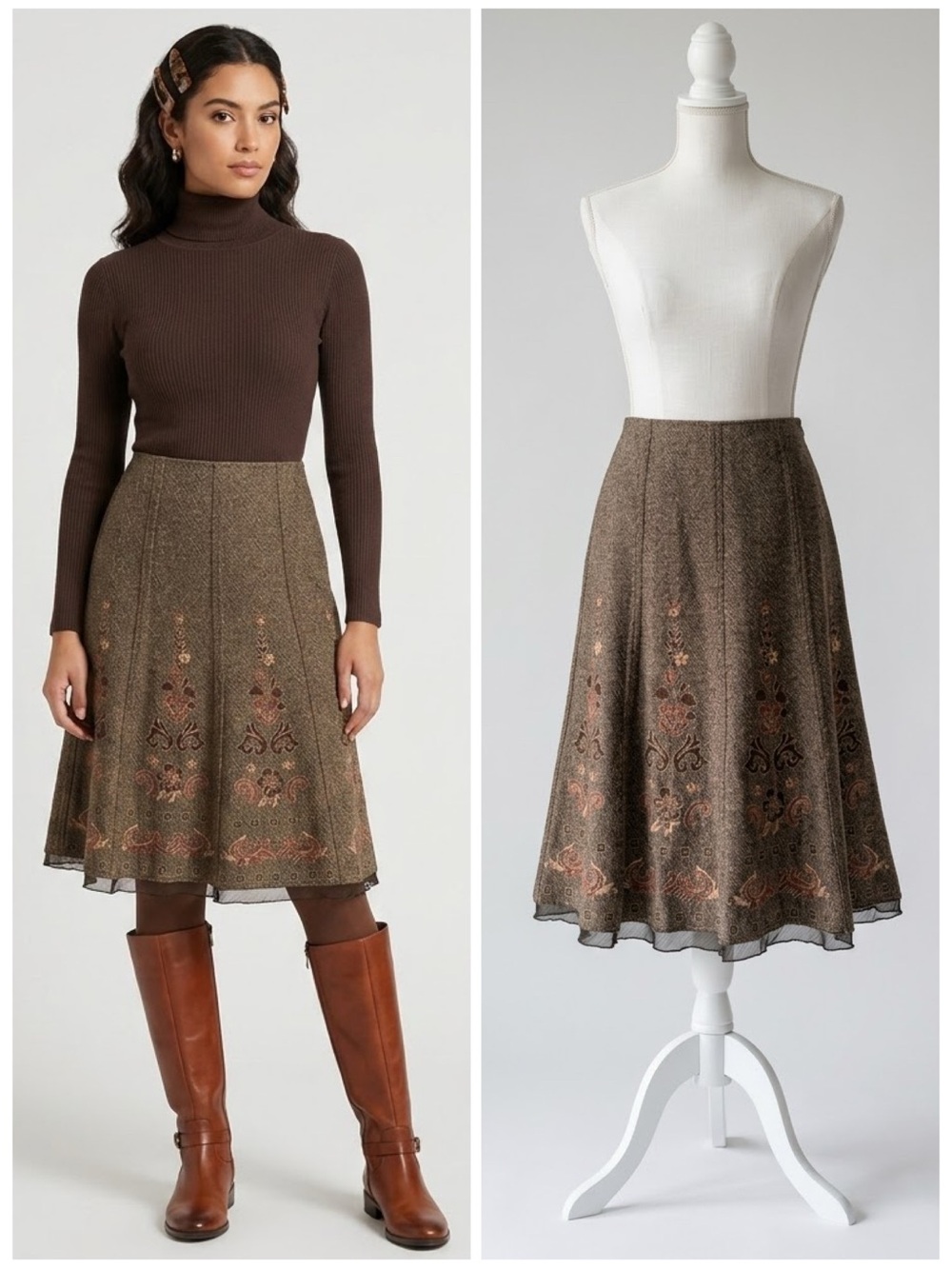 90s Vintage Brown Tweed Floral Embroidered A-Line Midi Skirt Size Small